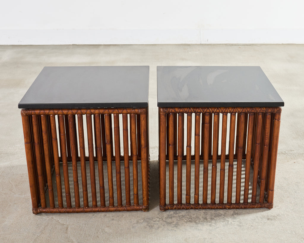 Pair of McGuire Bamboo Cube Granite Top Drinks Tables