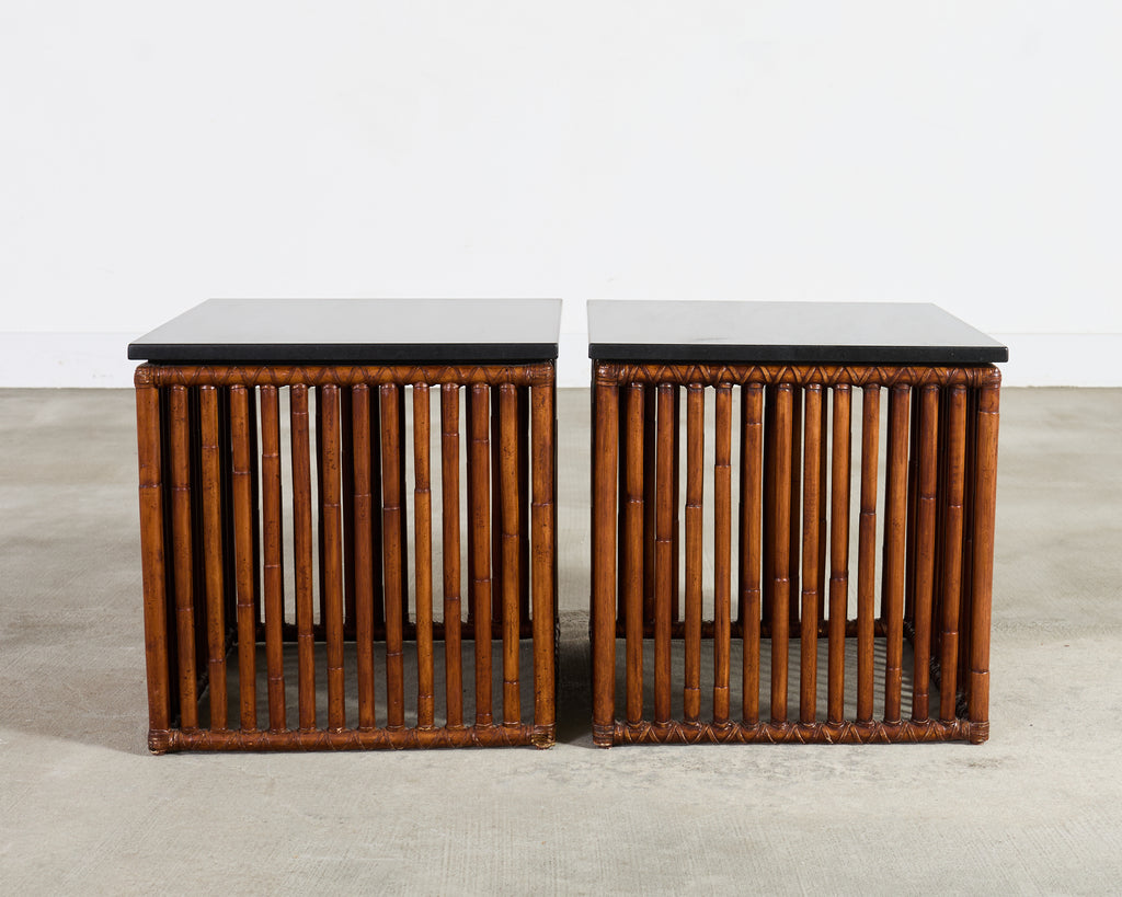 Pair of McGuire Bamboo Cube Granite Top Drinks Tables