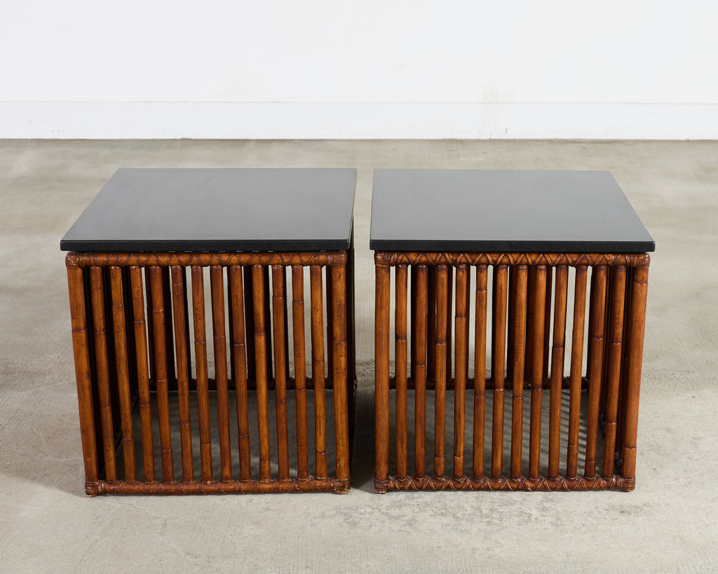 Pair of McGuire Bamboo Cube Granite Top Drinks Tables