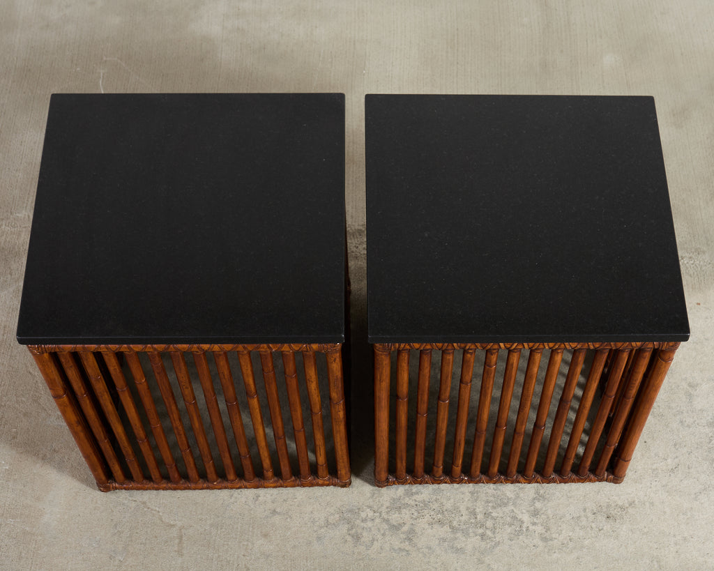 Pair of McGuire Bamboo Cube Granite Top Drinks Tables