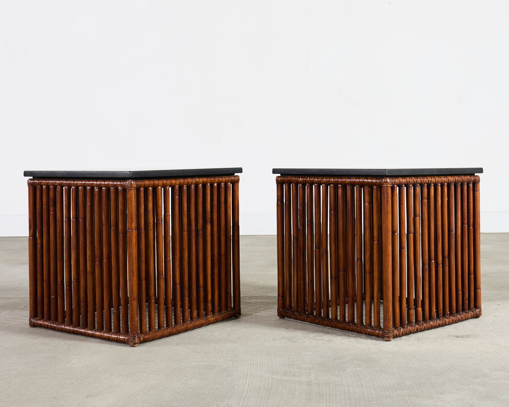 Pair of McGuire Bamboo Cube Granite Top Drinks Tables