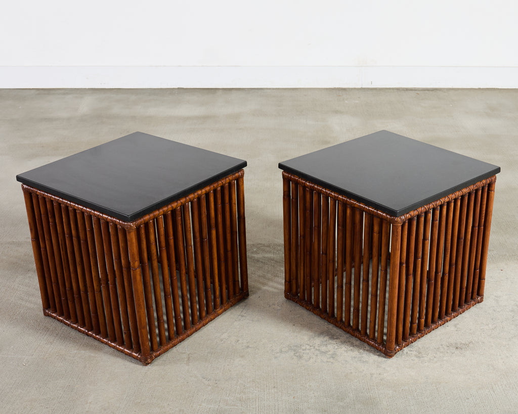 Pair of McGuire Bamboo Cube Granite Top Drinks Tables