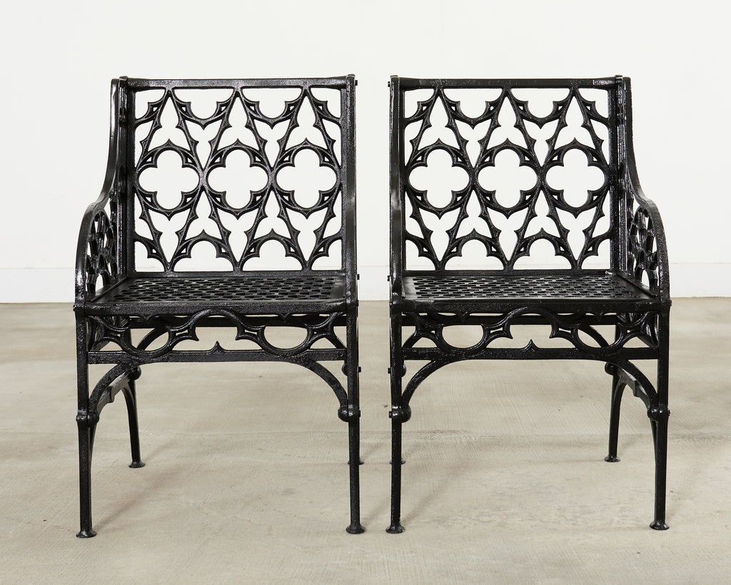Pair of English Coalbrookdale Style Gothic Garden Armchairs