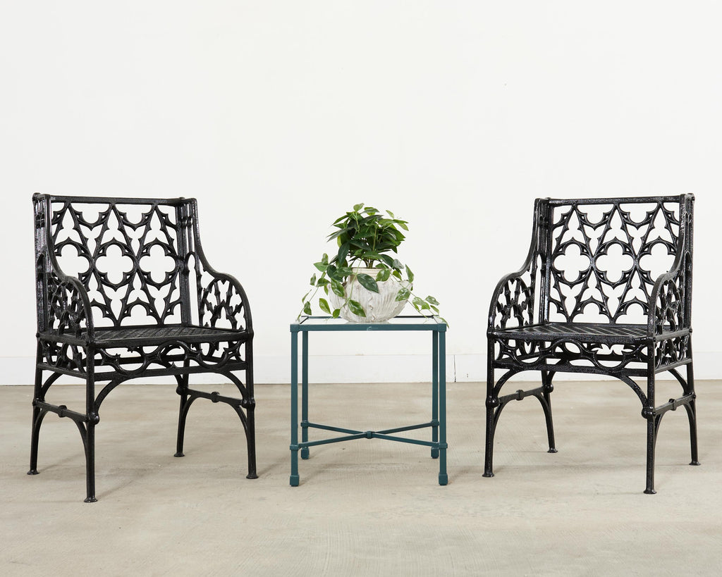Pair of English Coalbrookdale Style Gothic Garden Armchairs