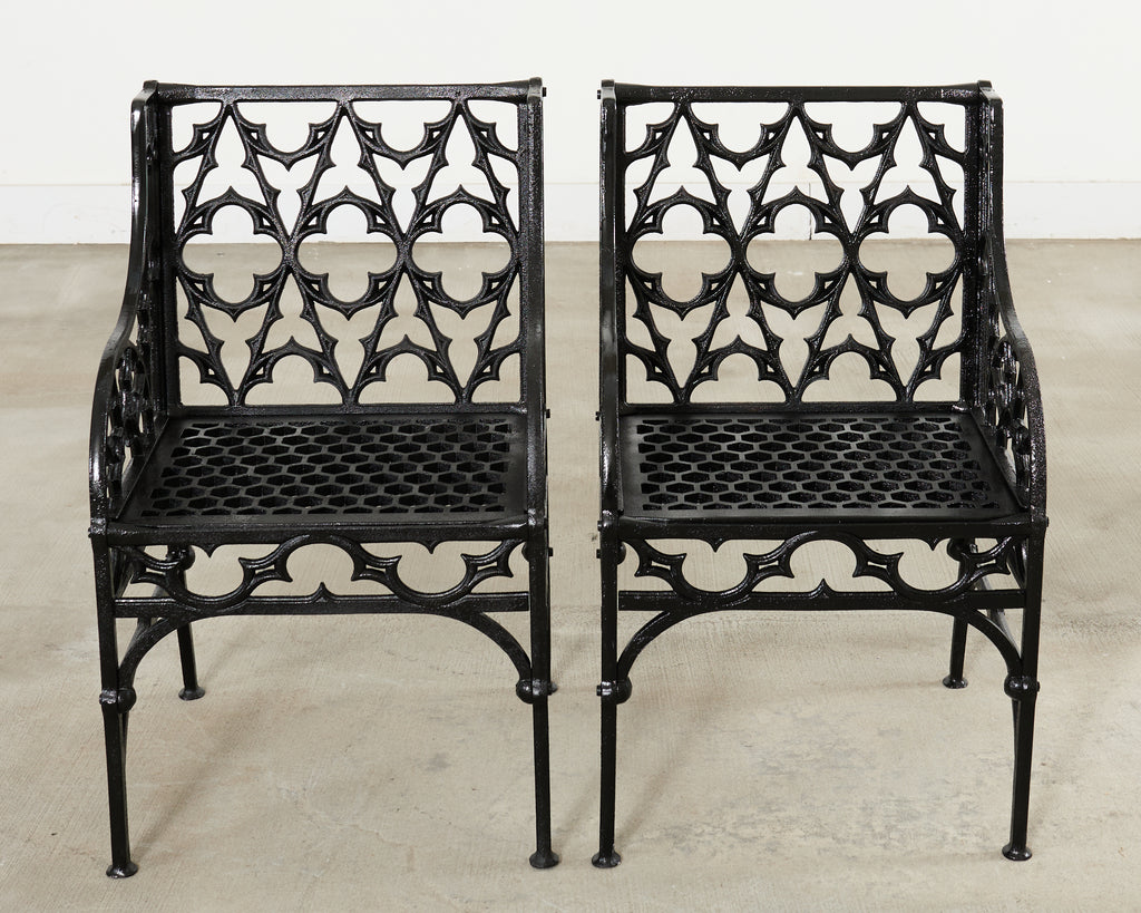 Pair of English Coalbrookdale Style Gothic Garden Armchairs