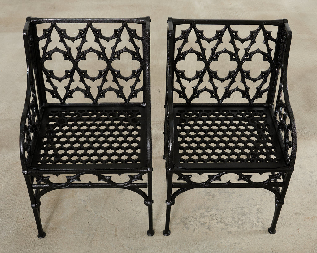 Pair of English Coalbrookdale Style Gothic Garden Armchairs