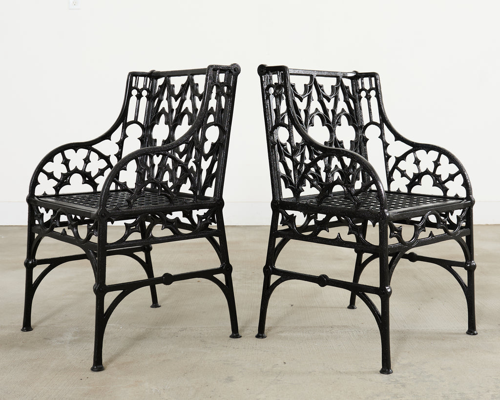 Pair of English Coalbrookdale Style Gothic Garden Armchairs