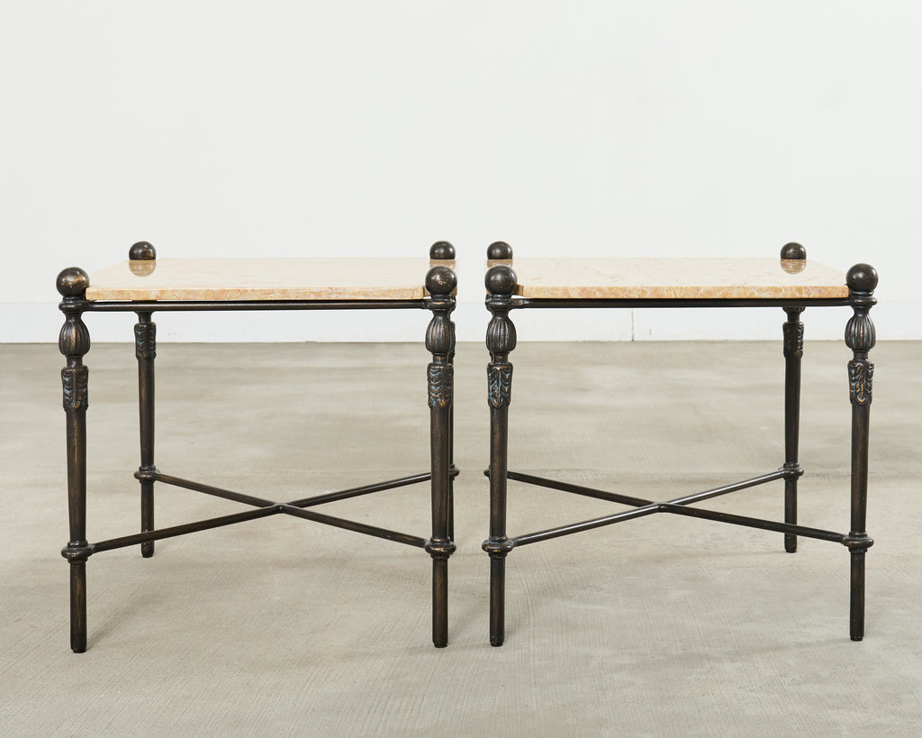 Pair of Michael Taylor Bronzed Montecito Marble Top Tables