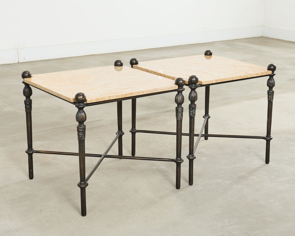 Pair of Michael Taylor Bronzed Montecito Marble Top Tables