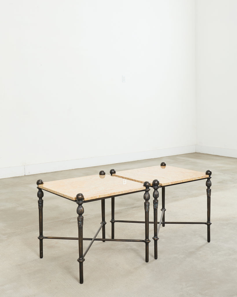 Pair of Michael Taylor Bronzed Montecito Marble Top Tables