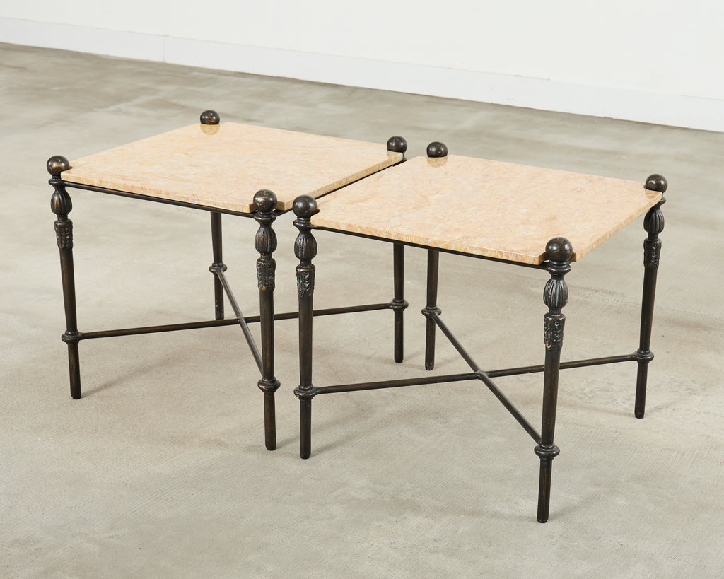 Pair of Michael Taylor Bronzed Montecito Marble Top Tables