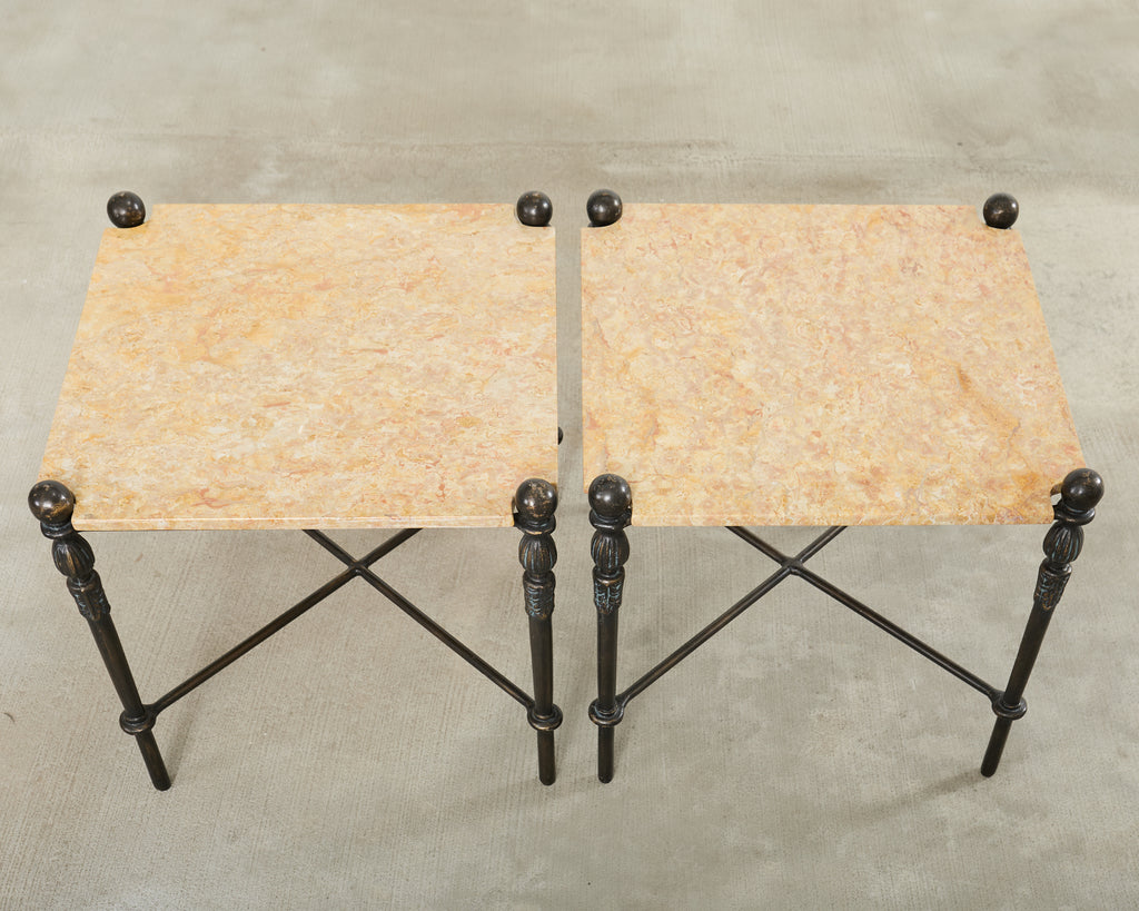 Pair of Michael Taylor Bronzed Montecito Marble Top Tables