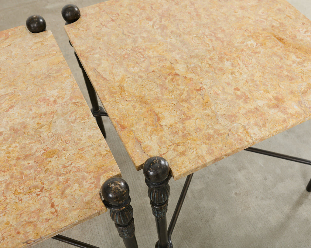 Pair of Michael Taylor Bronzed Montecito Marble Top Tables