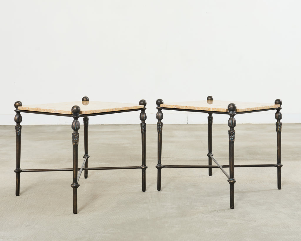 Pair of Michael Taylor Bronzed Montecito Marble Top Tables