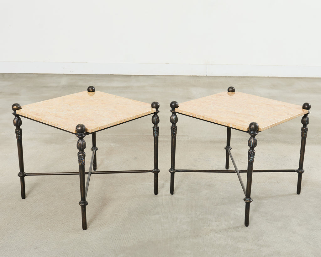 Pair of Michael Taylor Bronzed Montecito Marble Top Tables