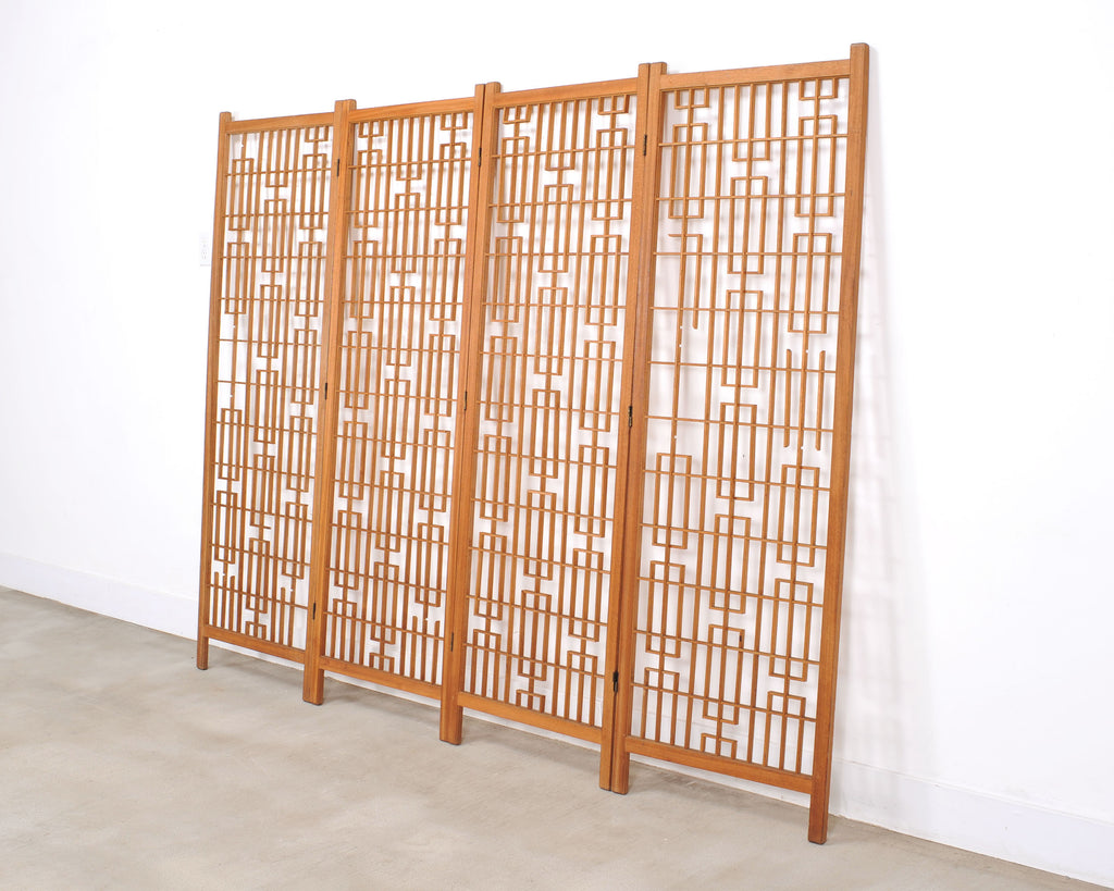 Mid-Century Four-Panel Teak Geometric Screen or Room Divider