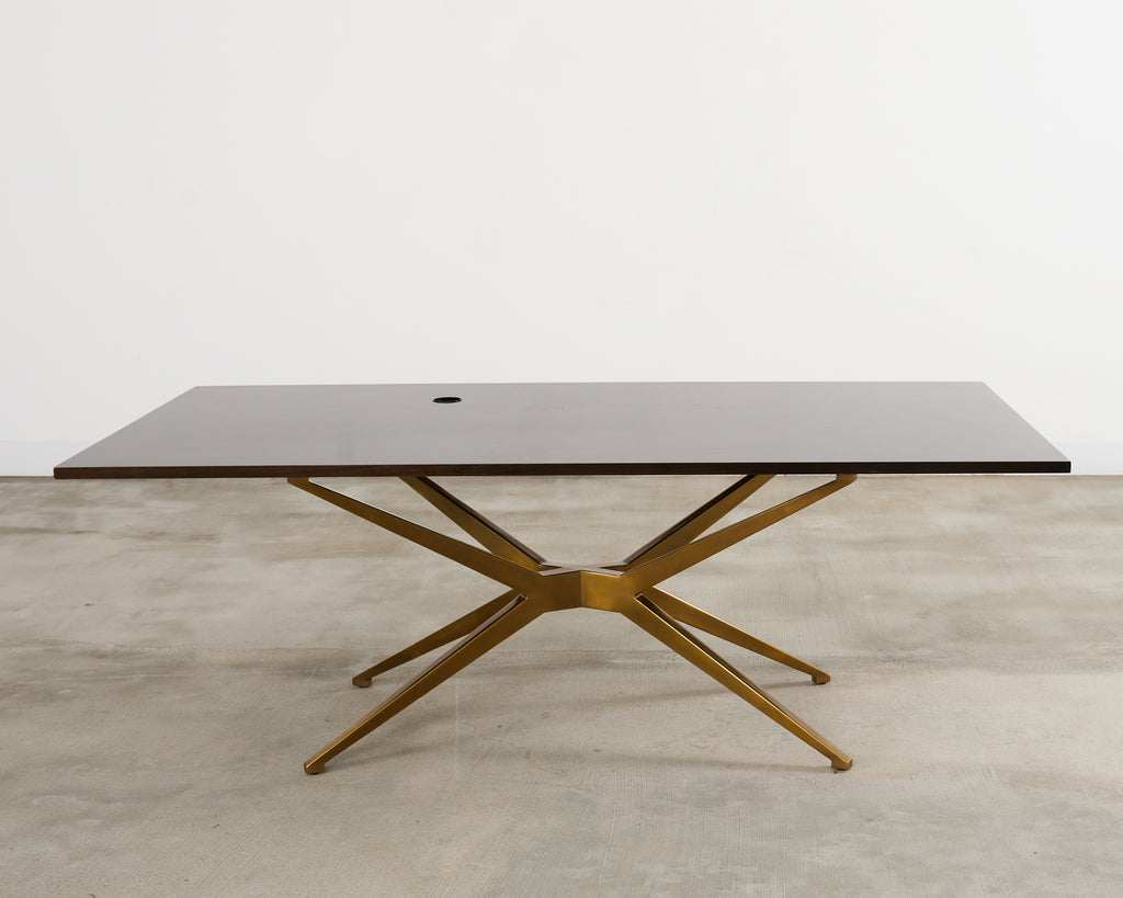 Midcentury Style Brass Base Walnut Writing Table Desk