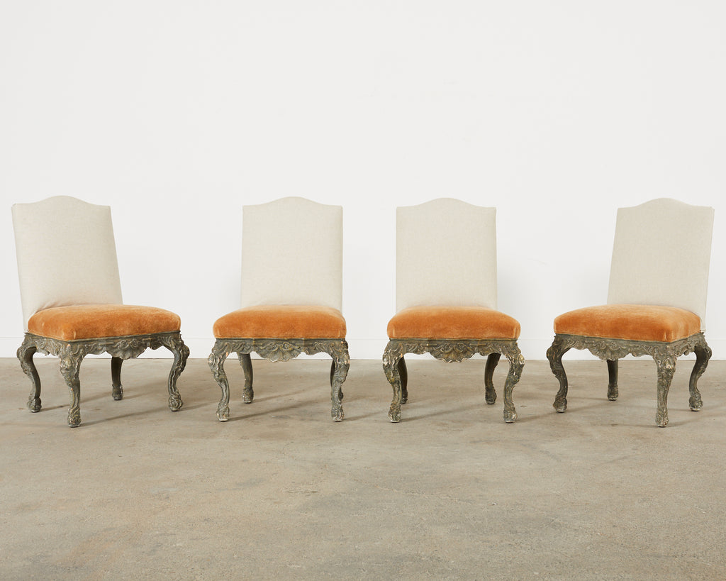 Set of Four Italian Baroque Style Dining Chairs with Mohair