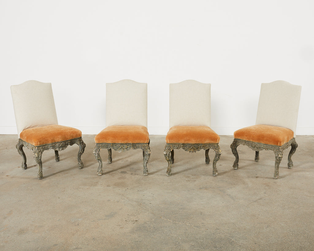 Set of Four Italian Baroque Style Dining Chairs with Mohair