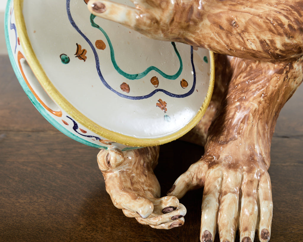 French Ceramic Majolica Sculpture of Monkey Playing Tambourine
