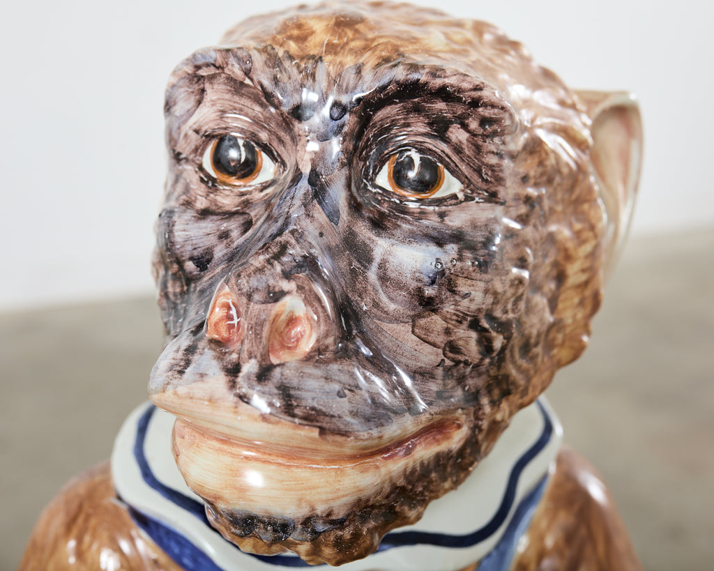 French Ceramic Majolica Sculpture of Monkey Playing Tambourine