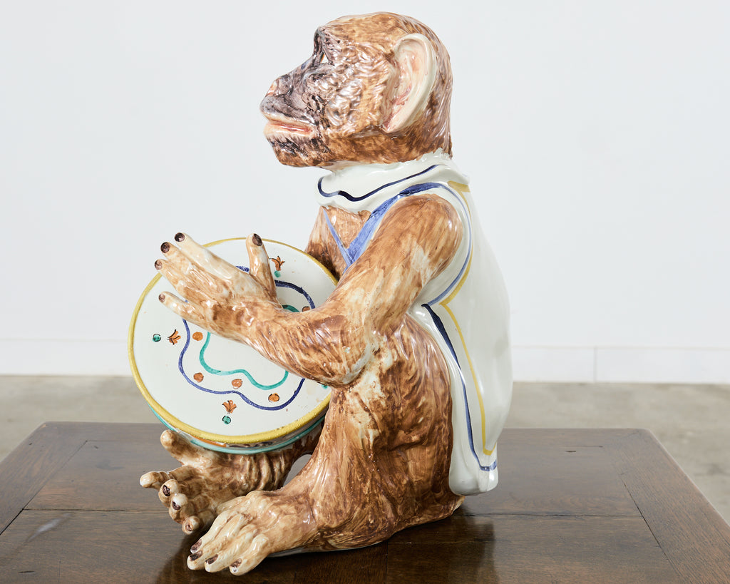 French Ceramic Majolica Sculpture of Monkey Playing Tambourine
