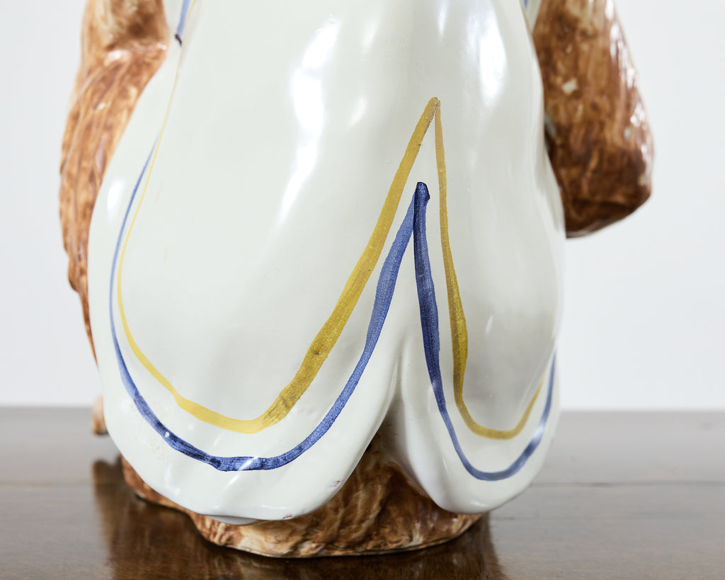 French Ceramic Majolica Sculpture of Monkey Playing Tambourine