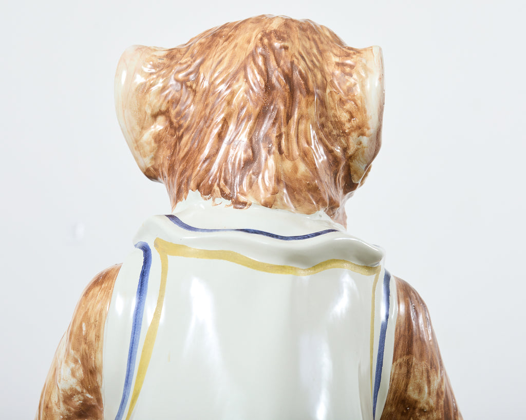 French Ceramic Majolica Sculpture of Monkey Playing Tambourine