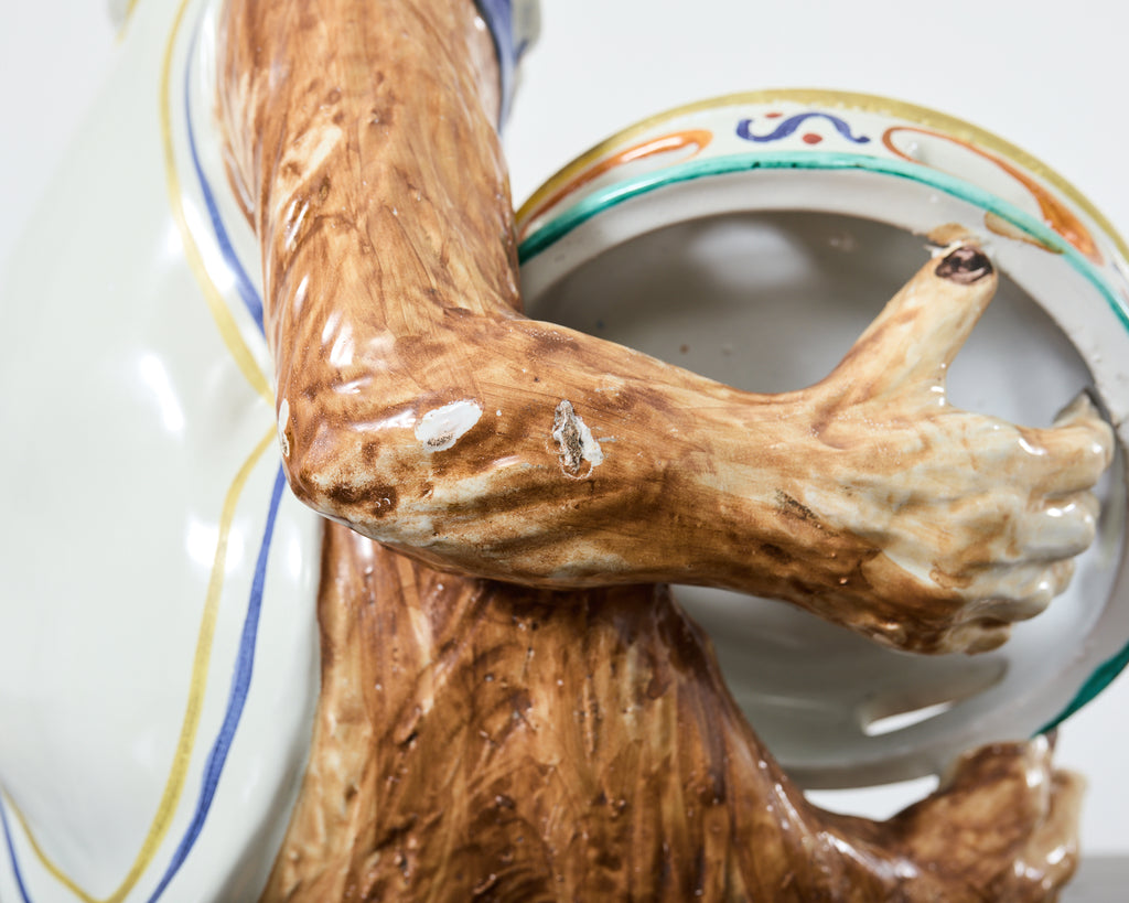 French Ceramic Majolica Sculpture of Monkey Playing Tambourine