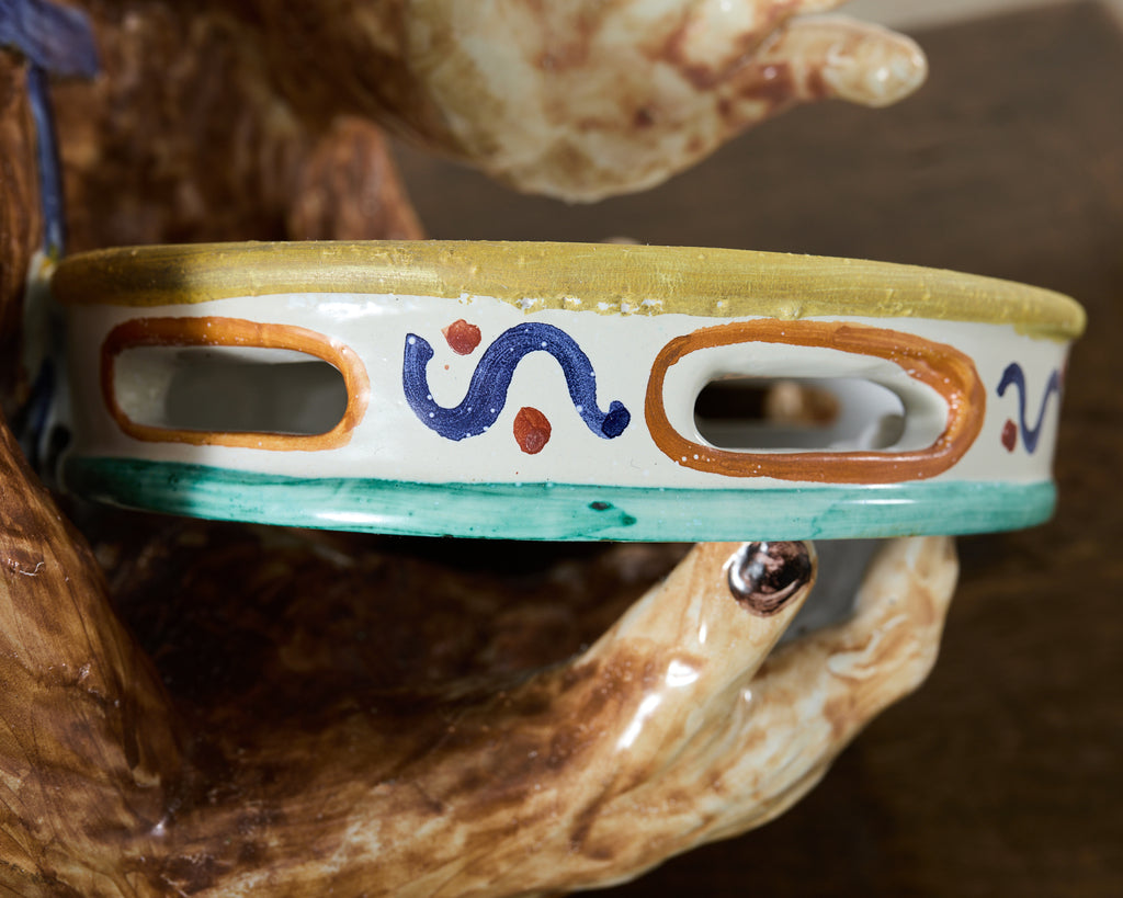 French Ceramic Majolica Sculpture of Monkey Playing Tambourine