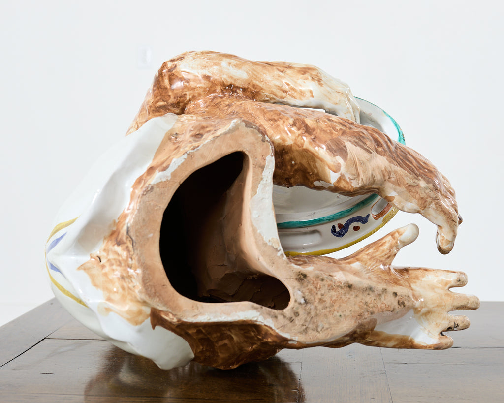 French Ceramic Majolica Sculpture of Monkey Playing Tambourine