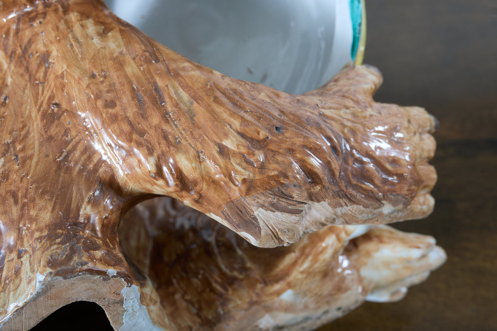 French Ceramic Majolica Sculpture of Monkey Playing Tambourine