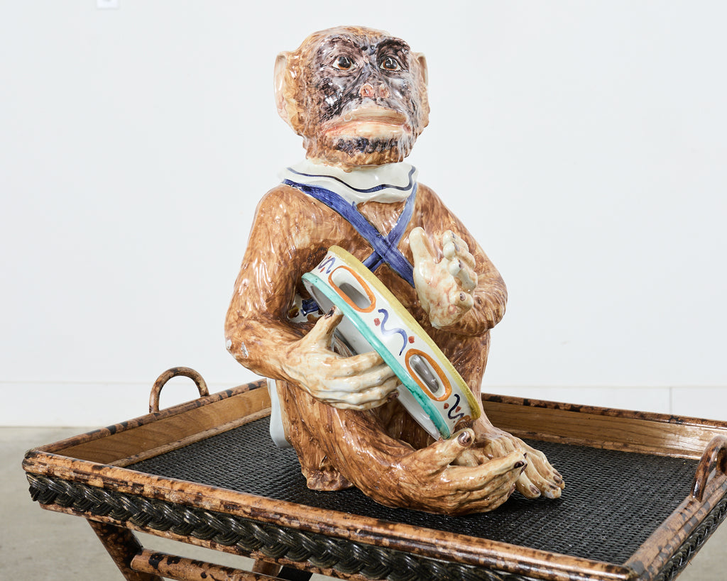 French Ceramic Majolica Sculpture of Monkey Playing Tambourine