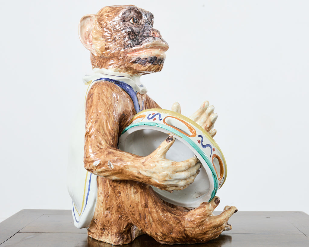 French Ceramic Majolica Sculpture of Monkey Playing Tambourine