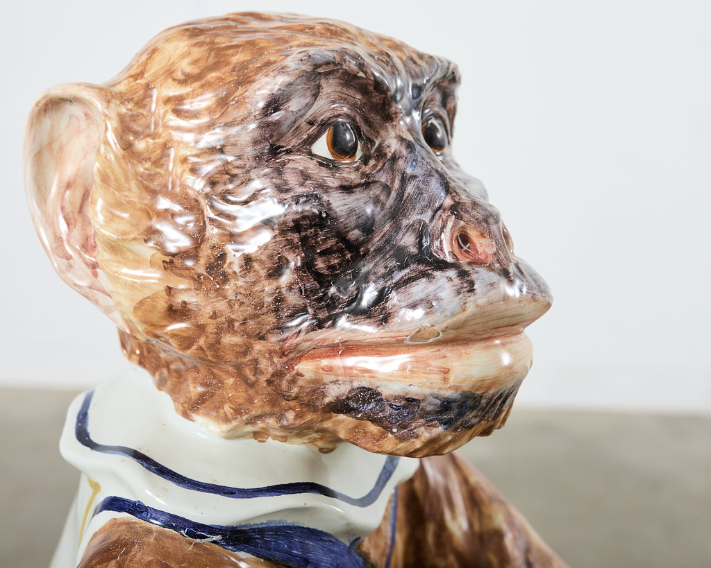 French Ceramic Majolica Sculpture of Monkey Playing Tambourine