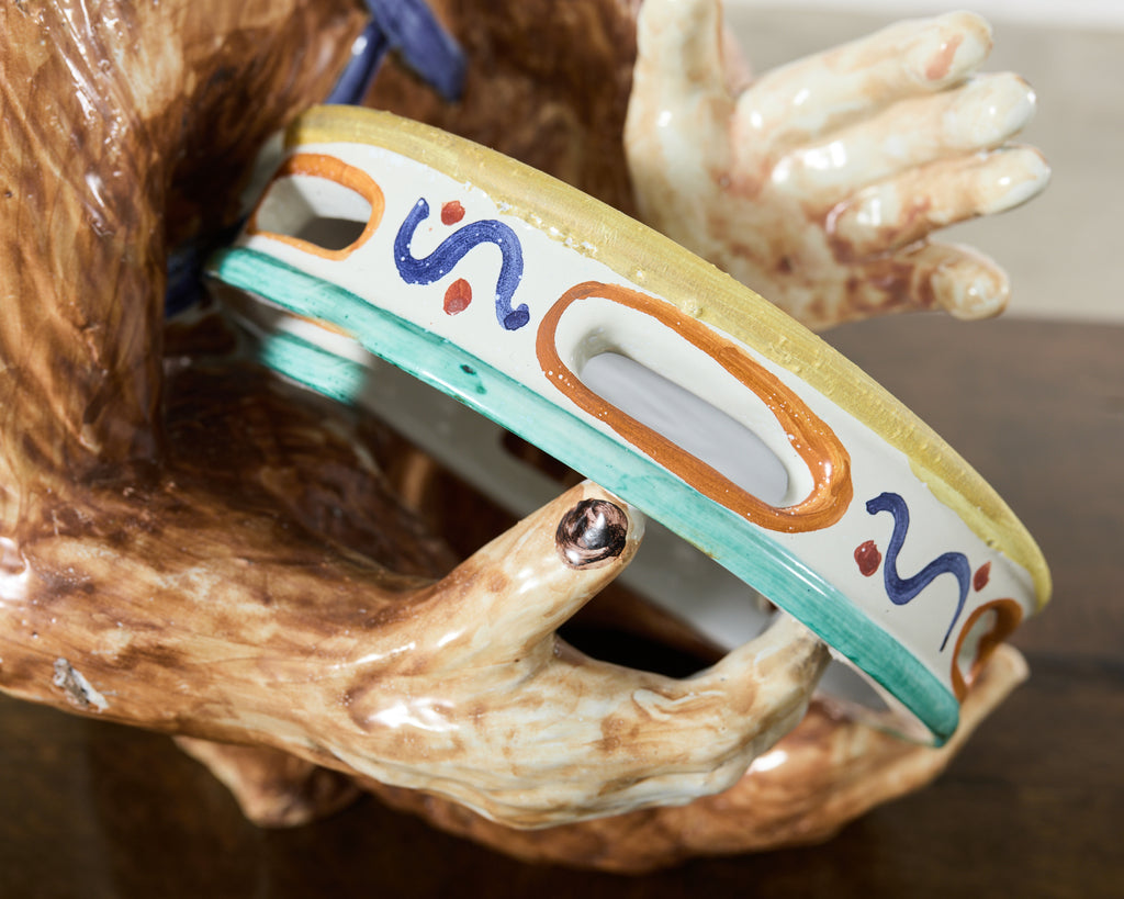 French Ceramic Majolica Sculpture of Monkey Playing Tambourine