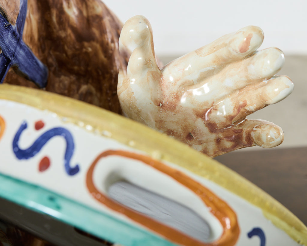French Ceramic Majolica Sculpture of Monkey Playing Tambourine