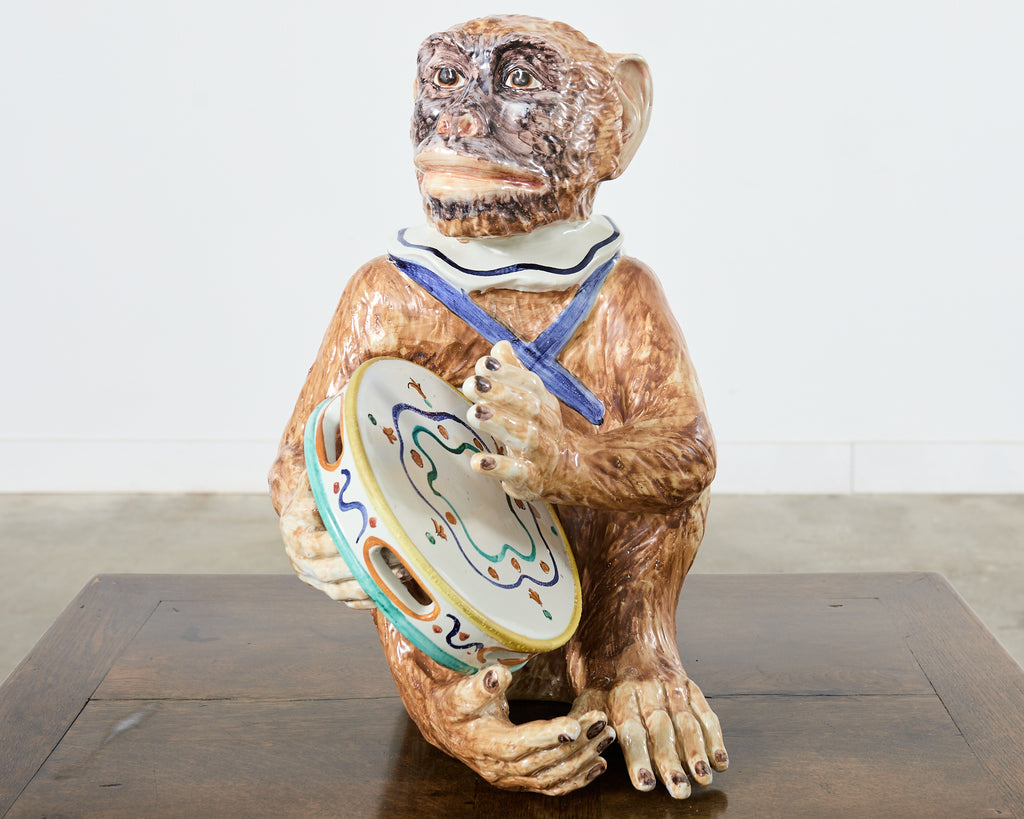 French Ceramic Majolica Sculpture of Monkey Playing Tambourine