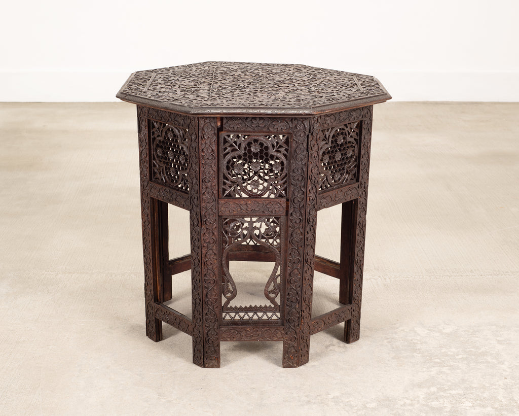 Anglo-Indian Kashmiri Style Carved Wood Octagonal Side Table