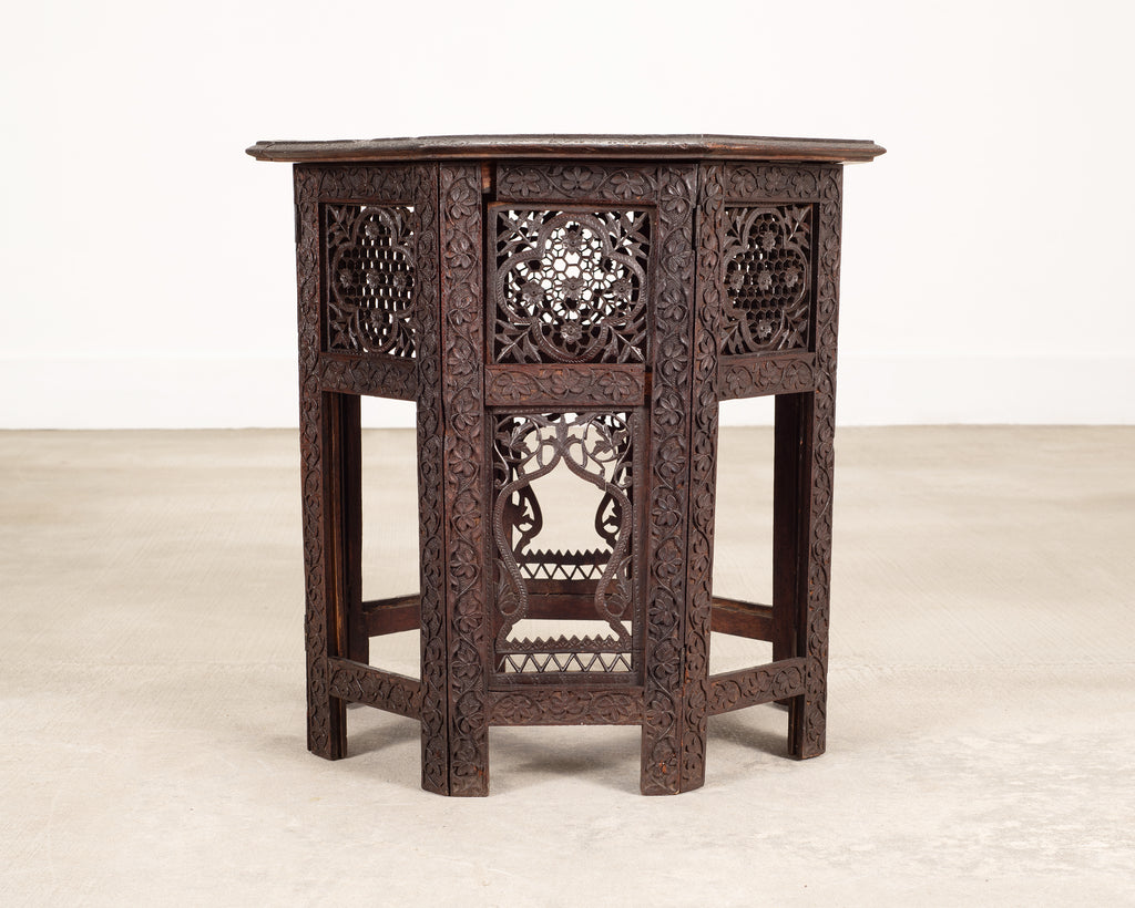 Anglo-Indian Kashmiri Style Carved Wood Octagonal Side Table