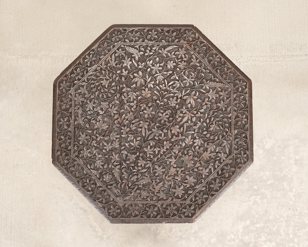 Anglo-Indian Kashmiri Style Carved Wood Octagonal Side Table