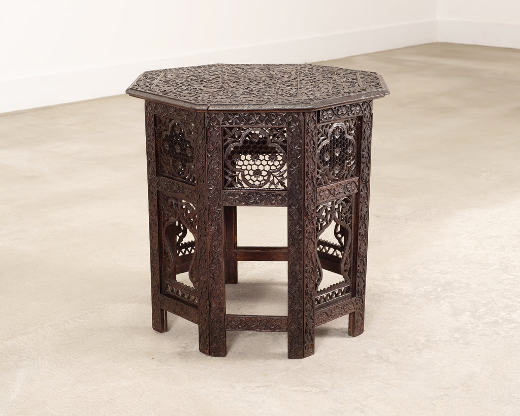 Anglo-Indian Kashmiri Style Carved Wood Octagonal Side Table