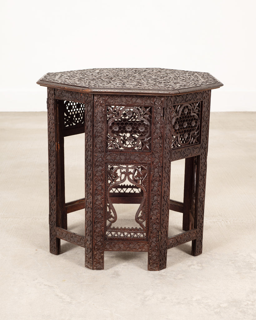 Anglo-Indian Kashmiri Style Carved Wood Octagonal Side Table