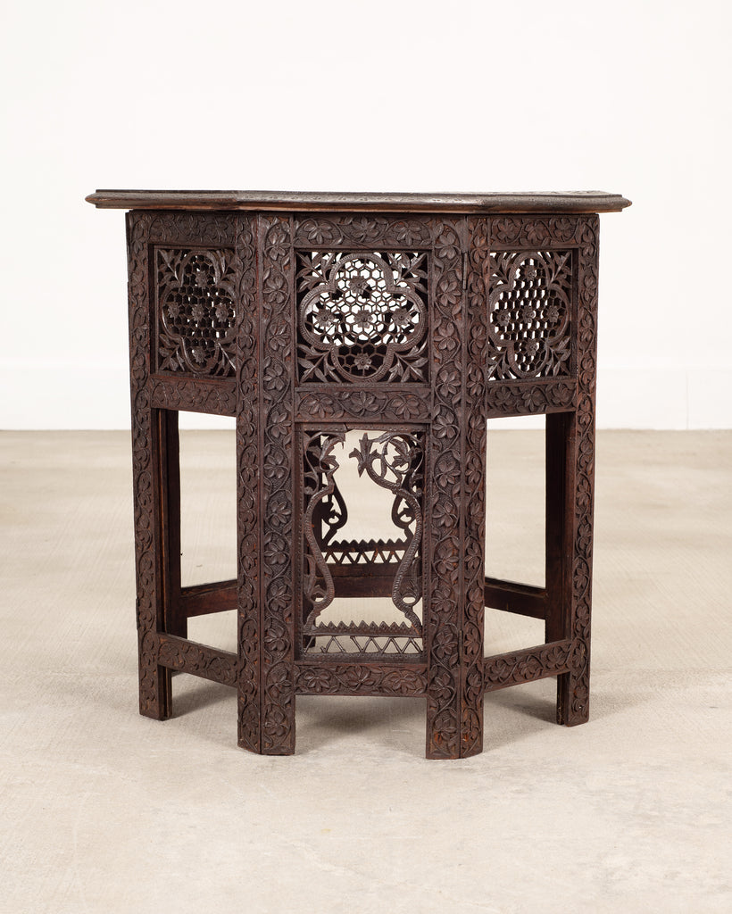 Anglo-Indian Kashmiri Style Carved Wood Octagonal Side Table