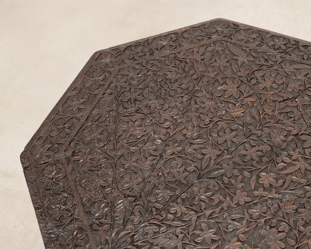 Anglo-Indian Kashmiri Style Carved Wood Octagonal Side Table