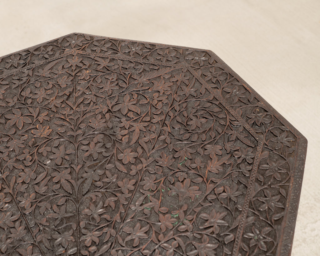 Anglo-Indian Kashmiri Style Carved Wood Octagonal Side Table