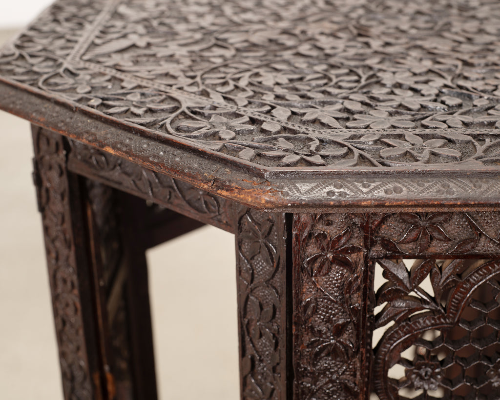 Anglo-Indian Kashmiri Style Carved Wood Octagonal Side Table