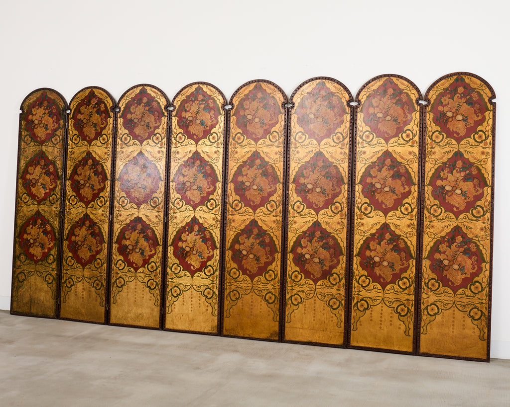 Spanish Colonial Baroque Style Painted Leather Eight Panel Screen
