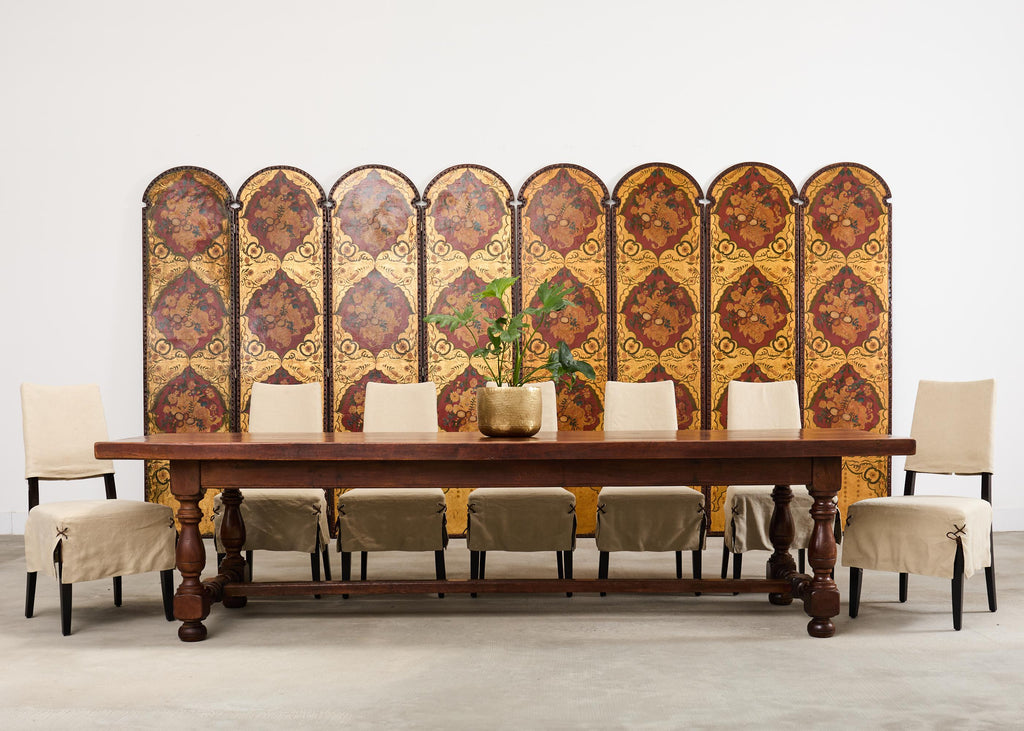 Spanish Colonial Baroque Style Painted Leather Eight Panel Screen