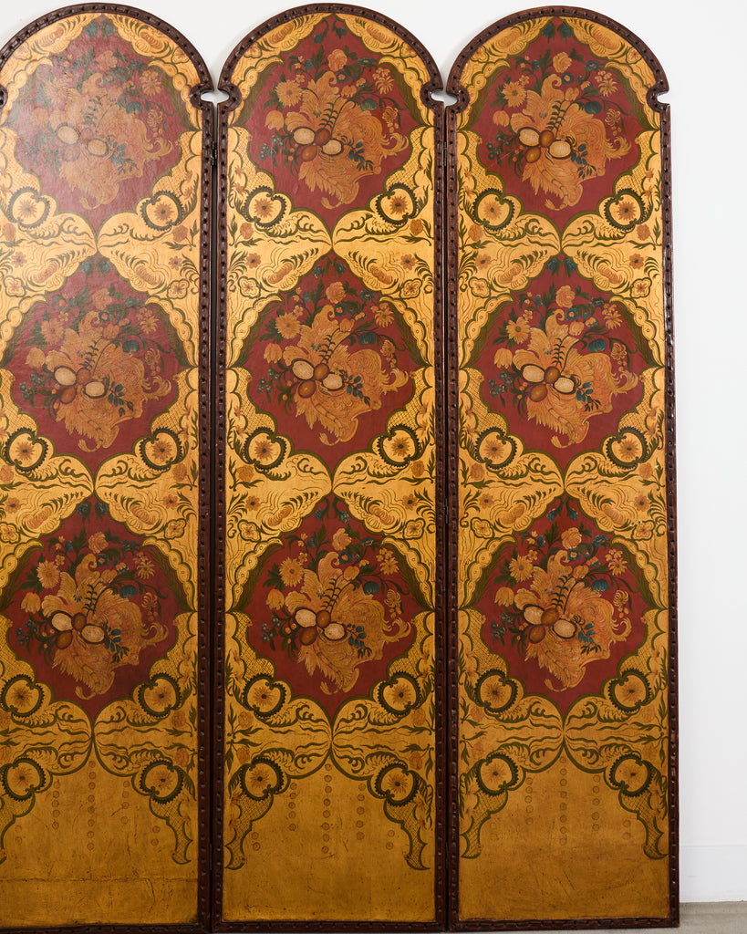 Spanish Colonial Baroque Style Painted Leather Eight Panel Screen